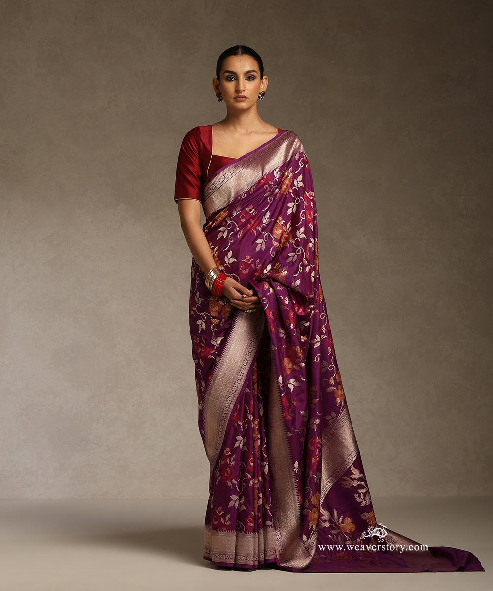 Purple_Handlooom_Pure_Katan_Silk_Saree_Zari_And_Resham_Cutwork_Floral_Jaal_WeaverStory_01
