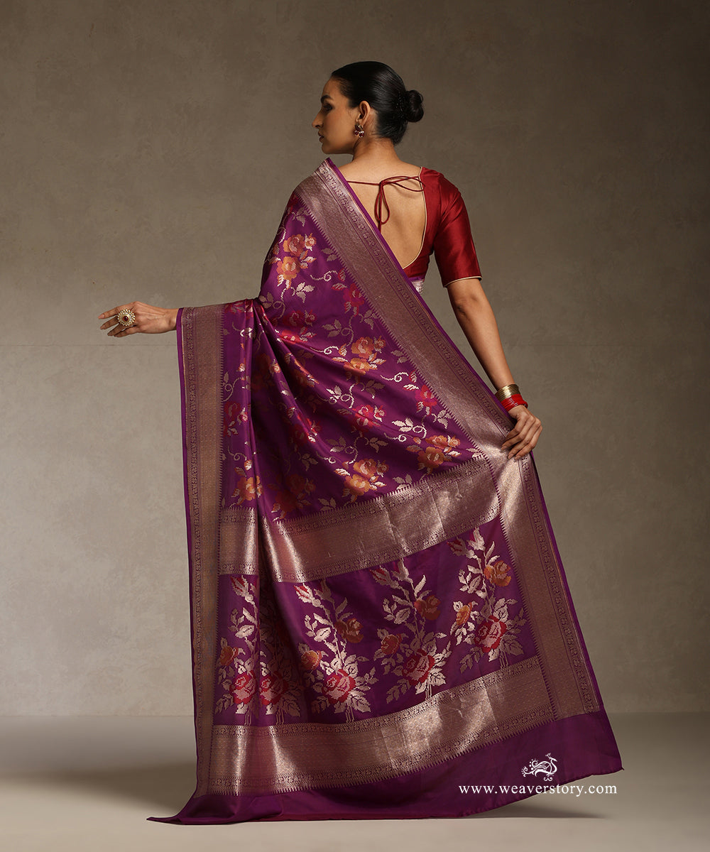 Purple_Handlooom_Pure_Katan_Silk_Saree_Zari_And_Resham_Cutwork_Floral_Jaal_WeaverStory_03
