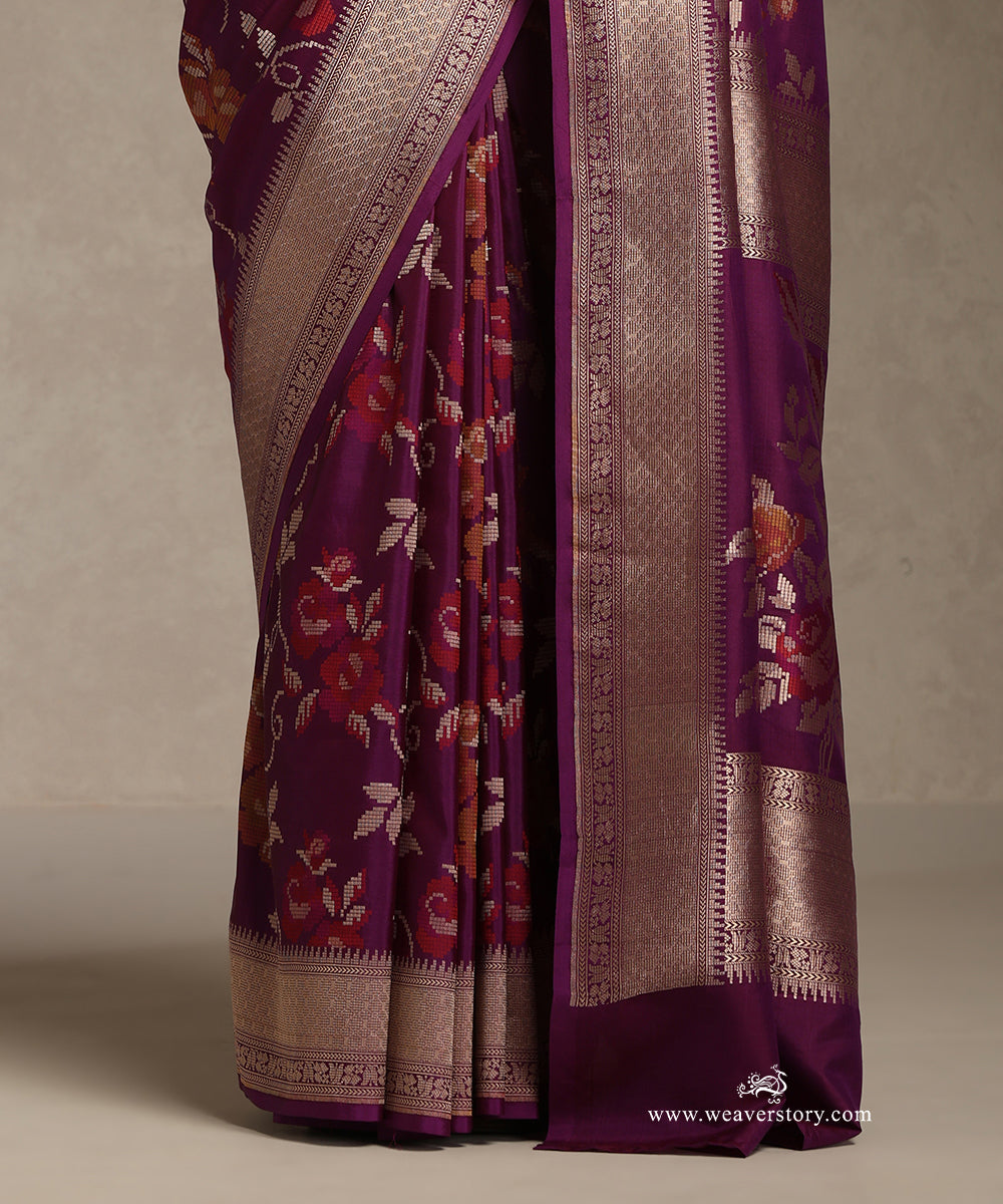 Purple_Handlooom_Pure_Katan_Silk_Saree_Zari_And_Resham_Cutwork_Floral_Jaal_WeaverStory_04