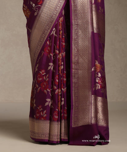 Purple_Handlooom_Pure_Katan_Silk_Saree_Zari_And_Resham_Cutwork_Floral_Jaal_WeaverStory_04