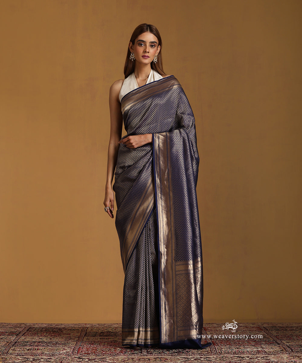 Blue_Handloom_Pure_Katan_Silk_Zari_Tanchoi_Banarasi_Saree_With_Small_Paisley_WeaverStory_01