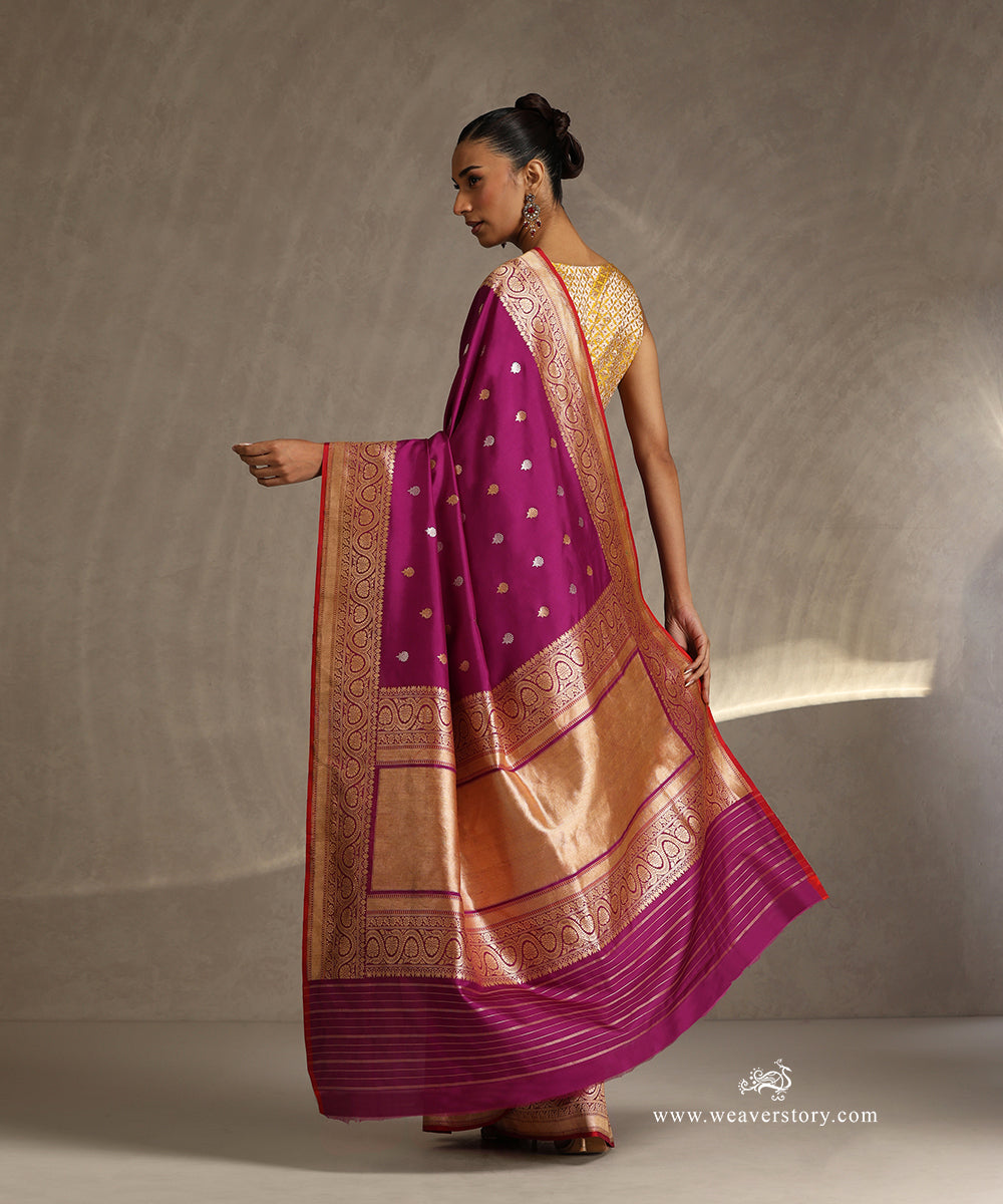 Purple_Handloom_Pure_Katan_Silk_Banarasi_Saree_With_Gold_And_Silver_Kadhwa_Boota_With_Pink_Selvedge_WeaverStory_03