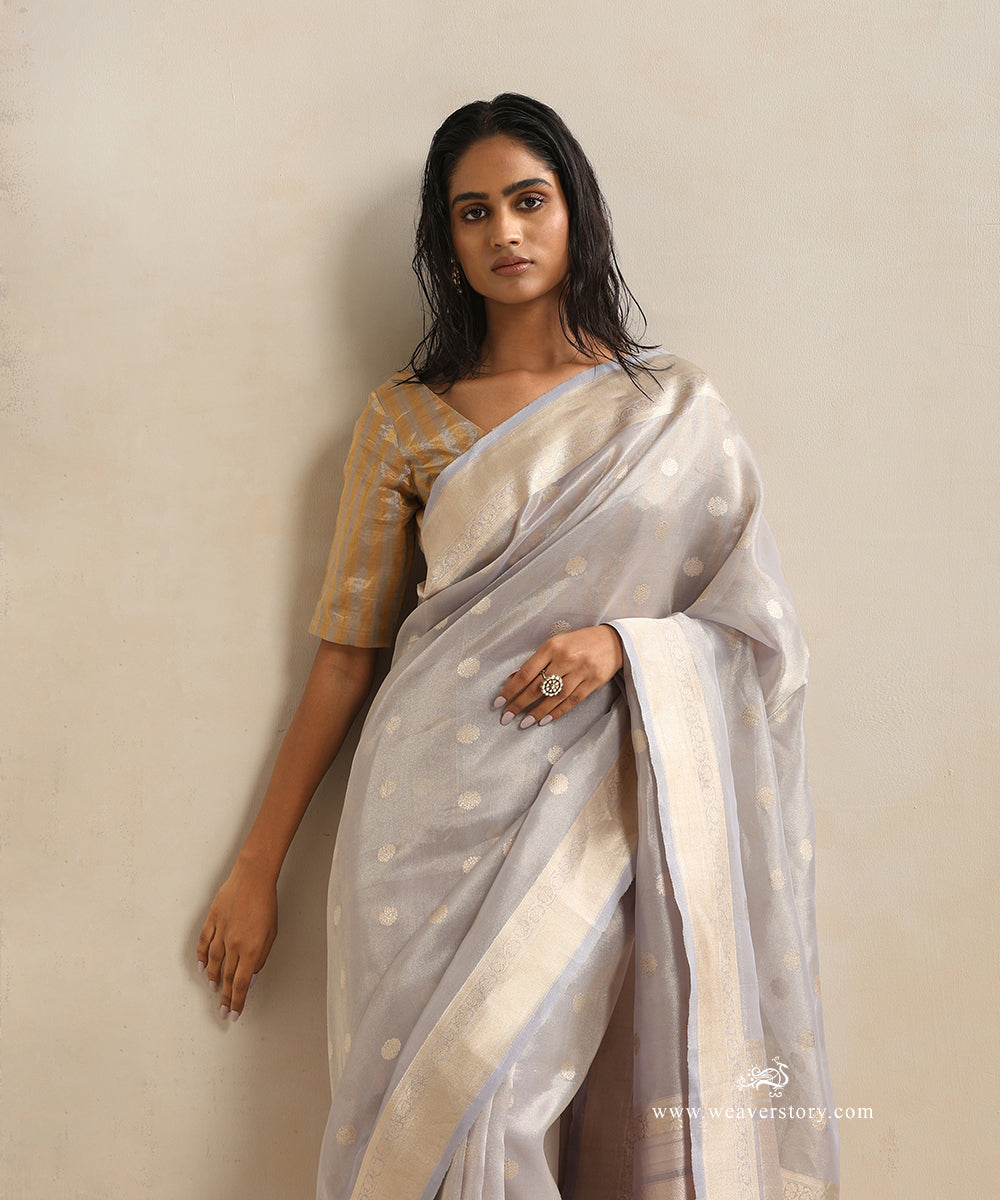 Handloom_Grey_Pure_Katan_Tissue_Kadhwa_Banarasi_Saree_With_Ginni_Booti_WeaverStory_01