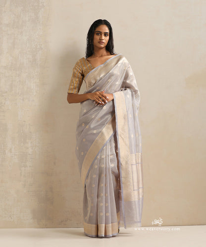 Handloom_Grey_Pure_Katan_Tissue_Kadhwa_Banarasi_Saree_With_Ginni_Booti_WeaverStory_02