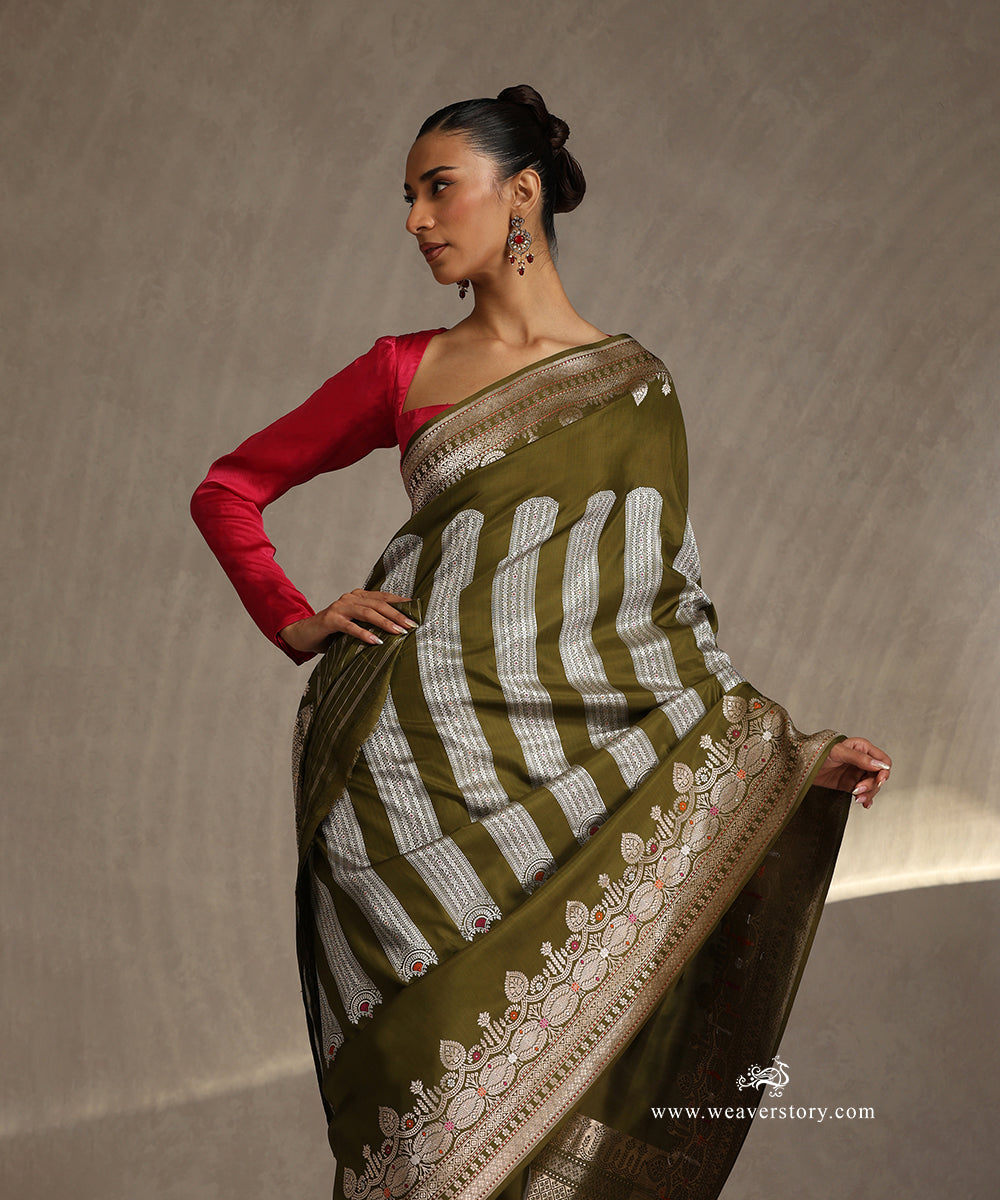 Olive_Handloom_Pure_Katan_Silk_Banarasi_Saree_With_Fancy_Kadhwa_Meenakari_Border_WeaverStory_01