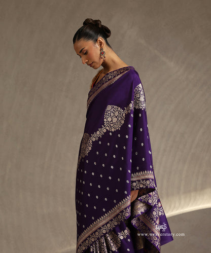 Purple_Handloom_Pure_Katan_Silk_Kadhwa_Banarasi_Saree_With_Small_Boota_And_Floral_Bel_Border_WeaverStory_01