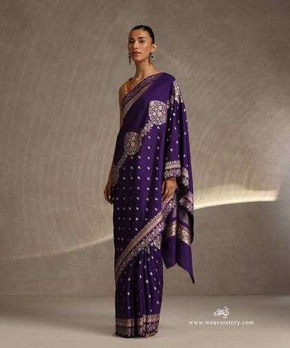 Purple_Handloom_Pure_Katan_Silk_Kadhwa_Banarasi_Saree_With_Small_Boota_And_Floral_Bel_Border_WeaverStory_02