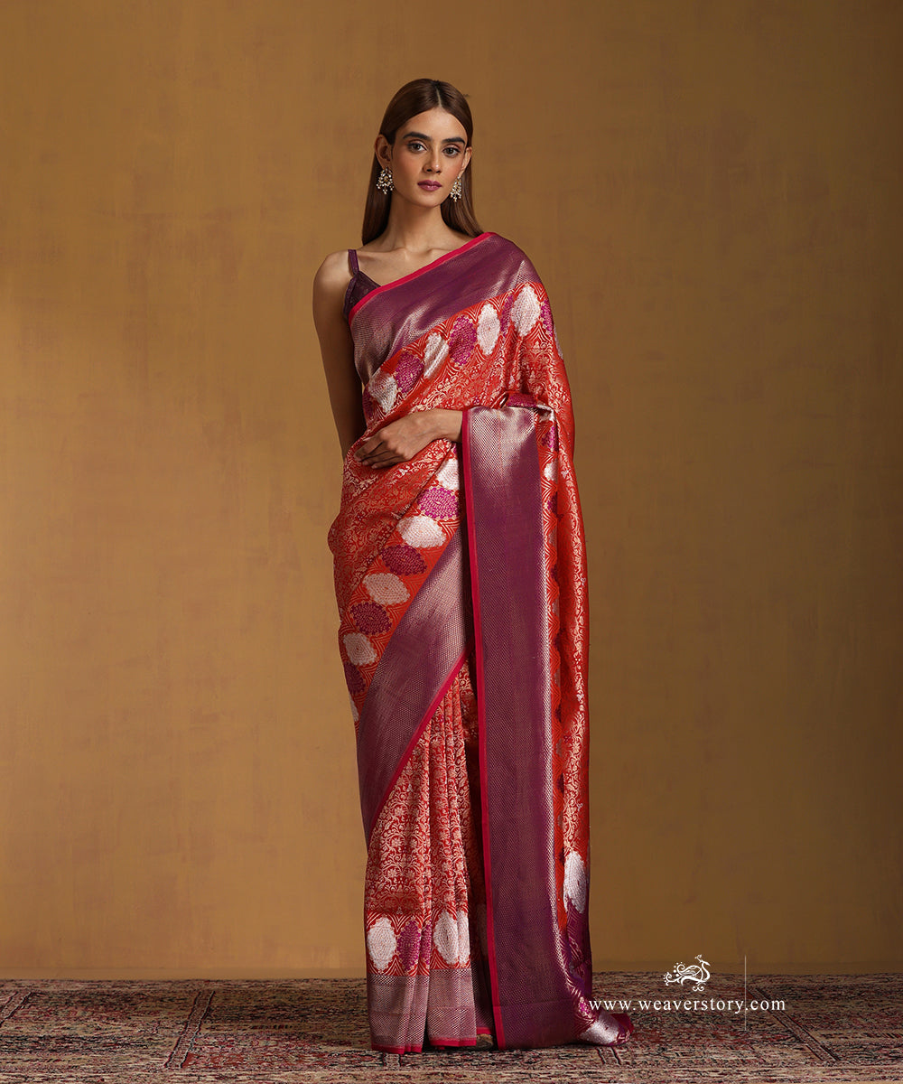 Handloom_Orange_Pure_Katan_Silk_Kimkhab_Banarasi_Saree_With_Purple_Zigzag_Border_WeaverStory_01