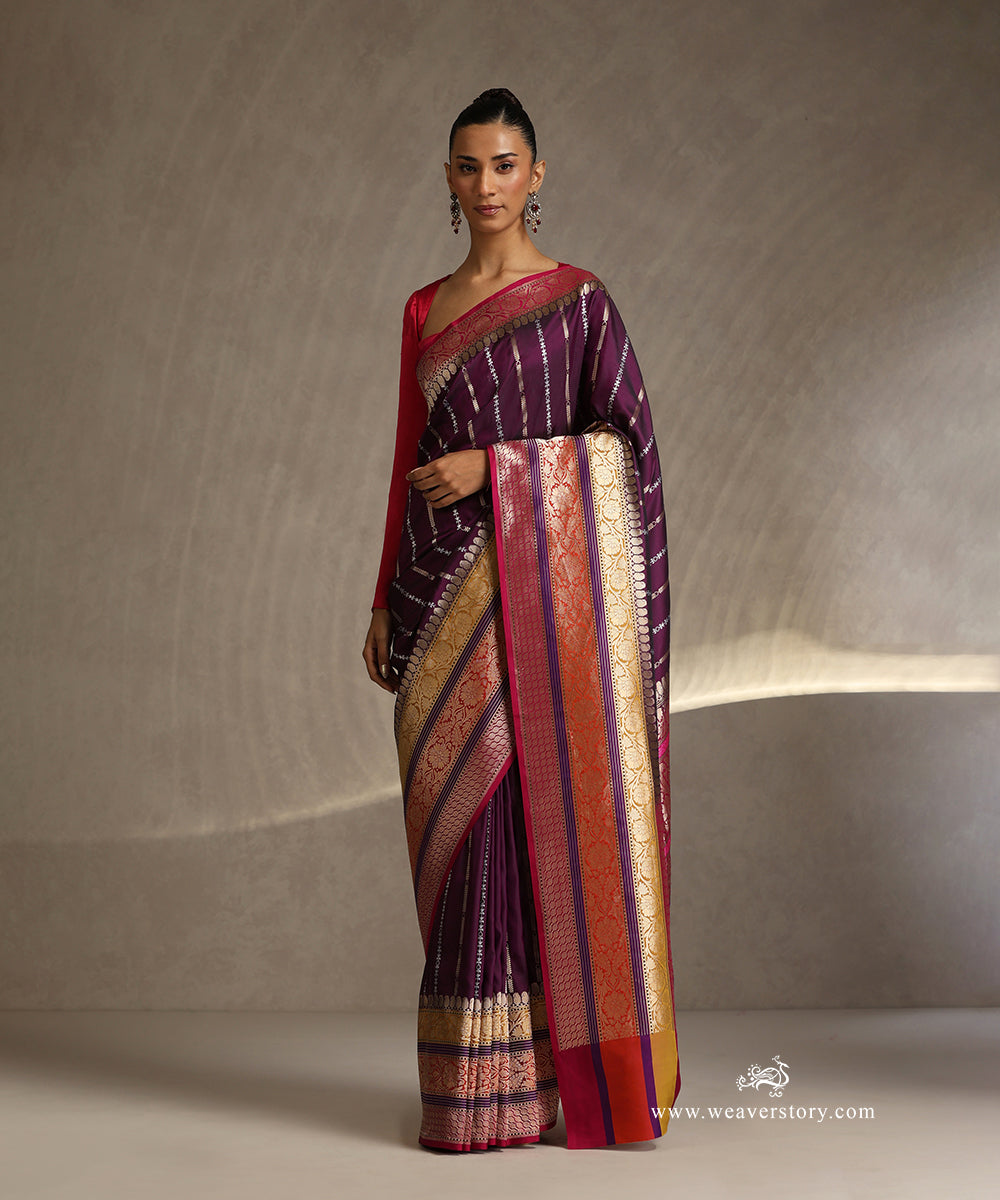 Purple_Handloom_Pure_Katan_Silk_Banarasi_Saree_With_Gold_And_Silver_Stripes_Bel_And_Big_Meenakari_Border_WeaverStory_02