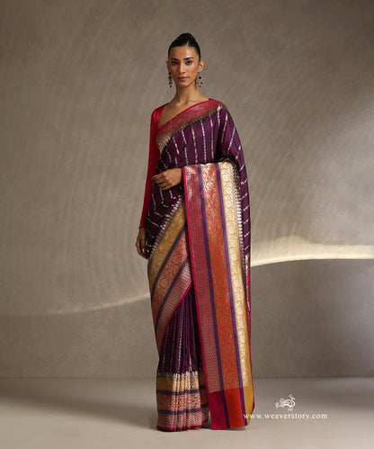 Purple_Handloom_Pure_Katan_Silk_Banarasi_Saree_With_Gold_And_Silver_Stripes_Bel_And_Big_Meenakari_Border_WeaverStory_02