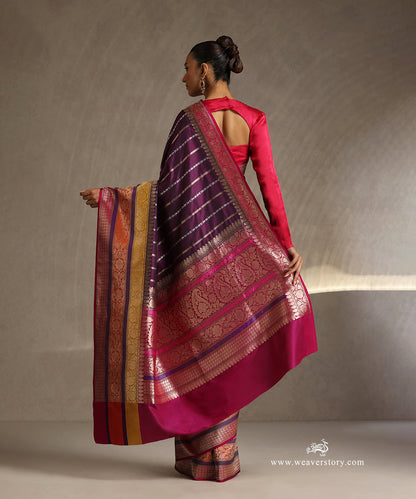 Purple_Handloom_Pure_Katan_Silk_Banarasi_Saree_With_Gold_And_Silver_Stripes_Bel_And_Big_Meenakari_Border_WeaverStory_03