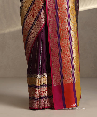 Purple_Handloom_Pure_Katan_Silk_Banarasi_Saree_With_Gold_And_Silver_Stripes_Bel_And_Big_Meenakari_Border_WeaverStory_04
