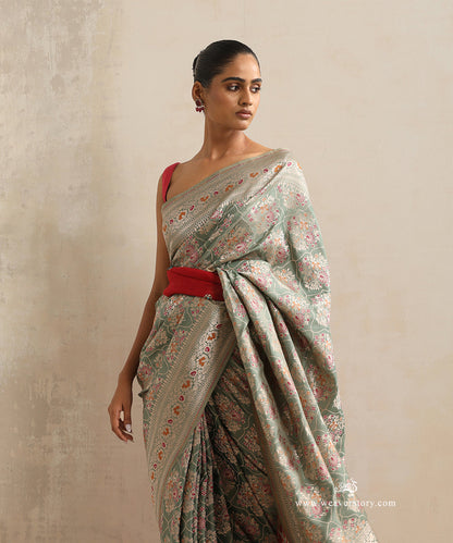 Handloom_Pista_Pure_Katan_Silk_Cutwork_Banarasi_Saree_With_Meenakari_Flower_Bunch_Jaal_WeaverStory_01