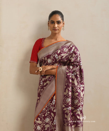 Handloom_Wine_Pure_Katan_Silk_Cutwork_Banarasi_Saree_With_Rose_Jaal_And_Orange_Selvedge_WeaverStory_01