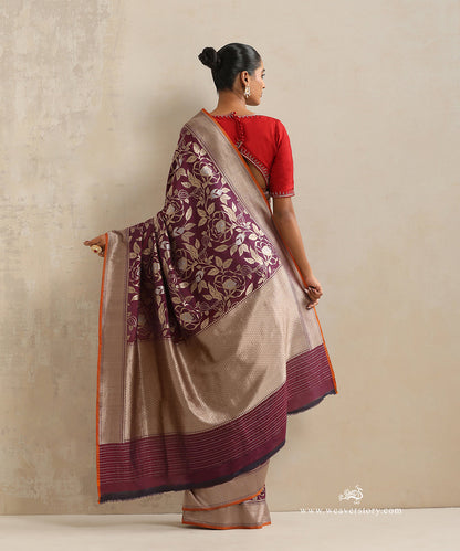 Handloom_Wine_Pure_Katan_Silk_Cutwork_Banarasi_Saree_With_Rose_Jaal_And_Orange_Selvedge_WeaverStory_03