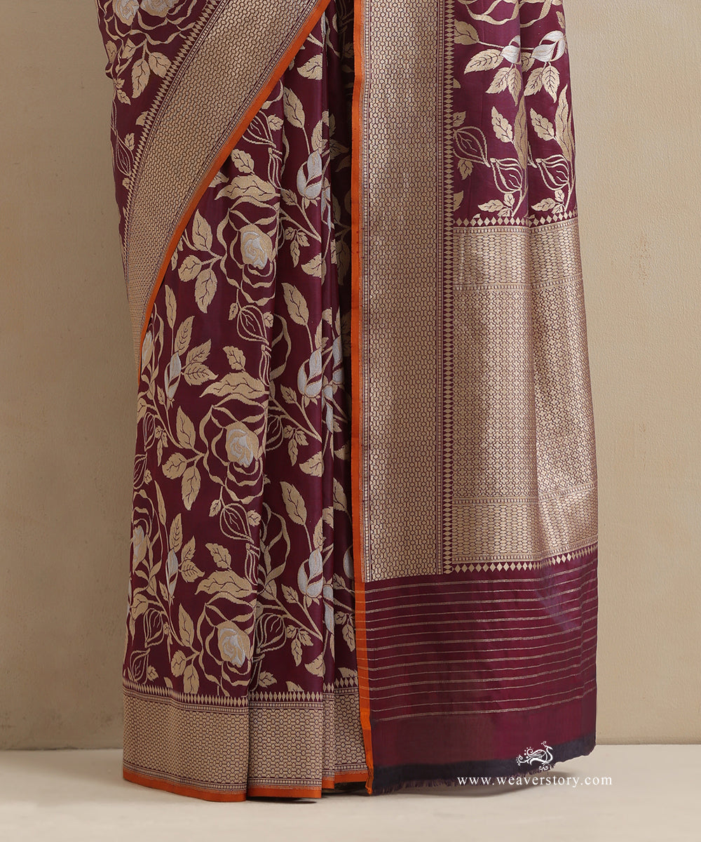 Handloom_Wine_Pure_Katan_Silk_Cutwork_Banarasi_Saree_With_Rose_Jaal_And_Orange_Selvedge_WeaverStory_04