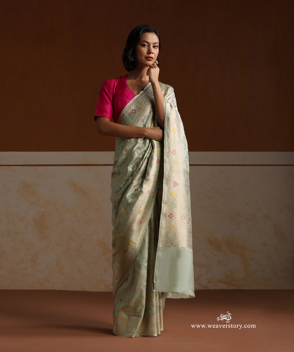 Pista_Handloom_Pure_Katan_Silk_Banarasi_Cutwork_Saree_With_Meenakari_Floral_Jaal_WeaverStory_01