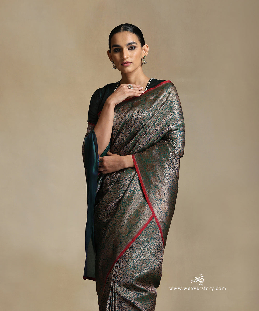 Teal_Handloom_Pure_Katan_Silk_Kimkhab_Banarasi_Saree_With_Antique_Zari_WeaverStory_01