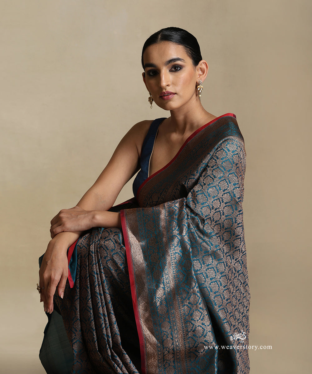 Handloom_Teal_Pure_Katan_Silk_Kimkhab_Banarasi_Saree_With_Antique_Zari_WeaverStory_01