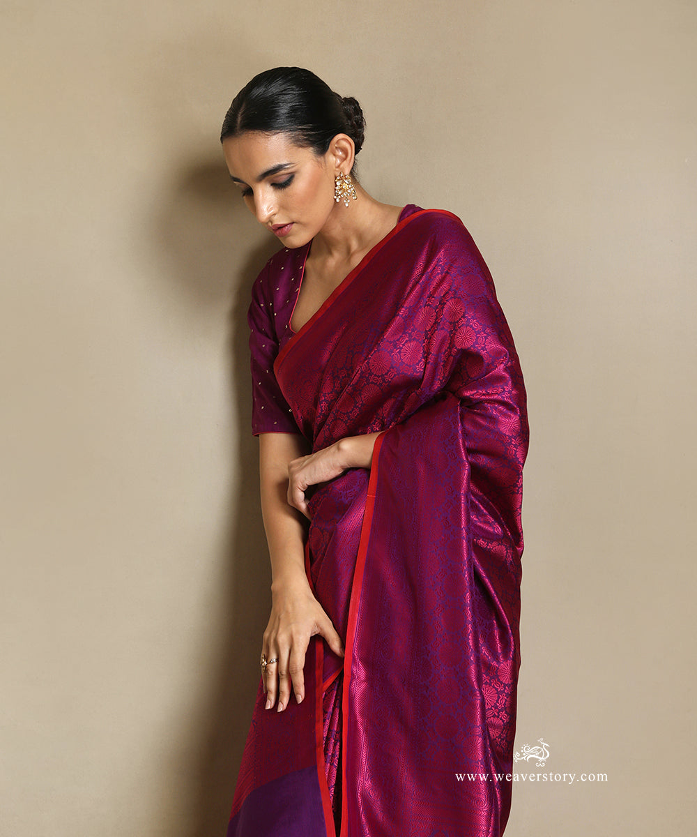 Purple_Handloom_Pure_Katan_Silk_Tanchoi_Banarasi_Saree_With_Magenta_Flowers_Motifs_And_Red_Selvedge_WeaverStory_01