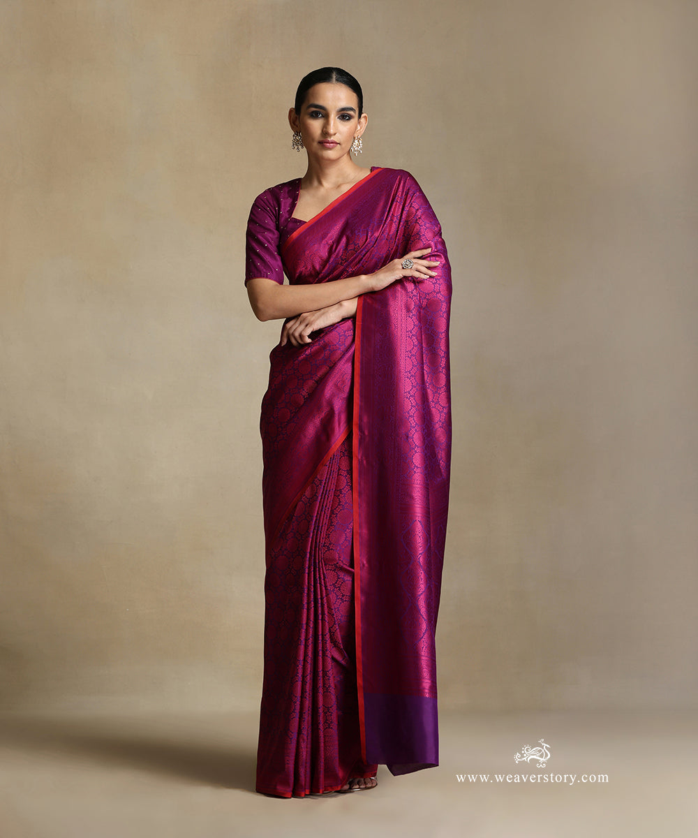 Purple_Handloom_Pure_Katan_Silk_Tanchoi_Banarasi_Saree_With_Magenta_Flowers_Motifs_And_Red_Selvedge_WeaverStory_02