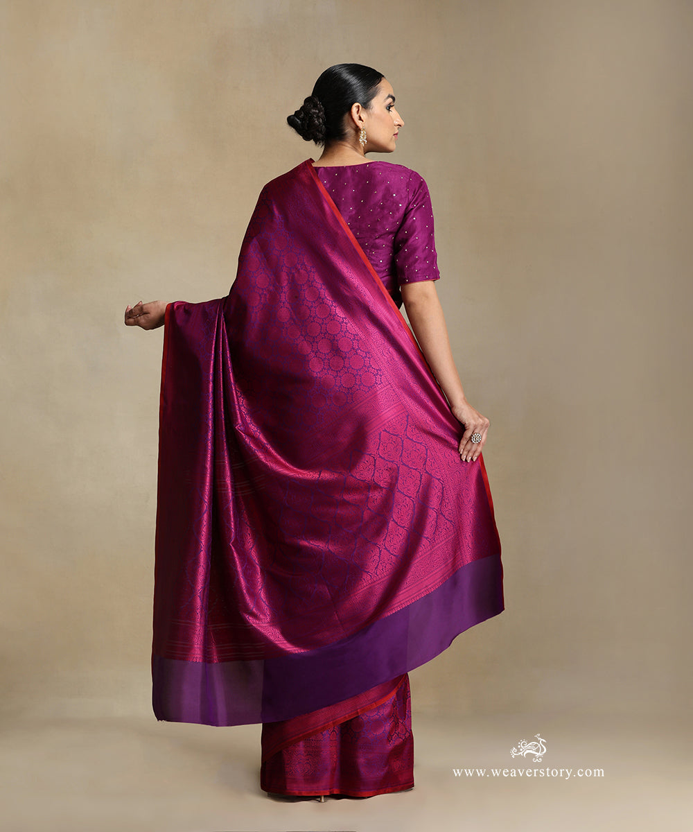 Purple_Handloom_Pure_Katan_Silk_Tanchoi_Banarasi_Saree_With_Magenta_Flowers_Motifs_And_Red_Selvedge_WeaverStory_03