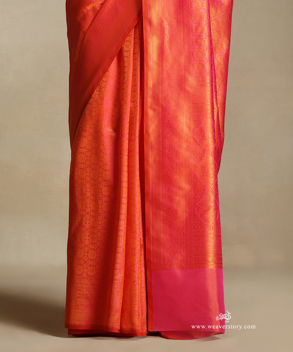 Handloom_Pink_Pure_Katan_Silk_Tanchoi_Banarasi_Saree_With_Small_Yellow_Flowers_Motifs_WeaverStory_04