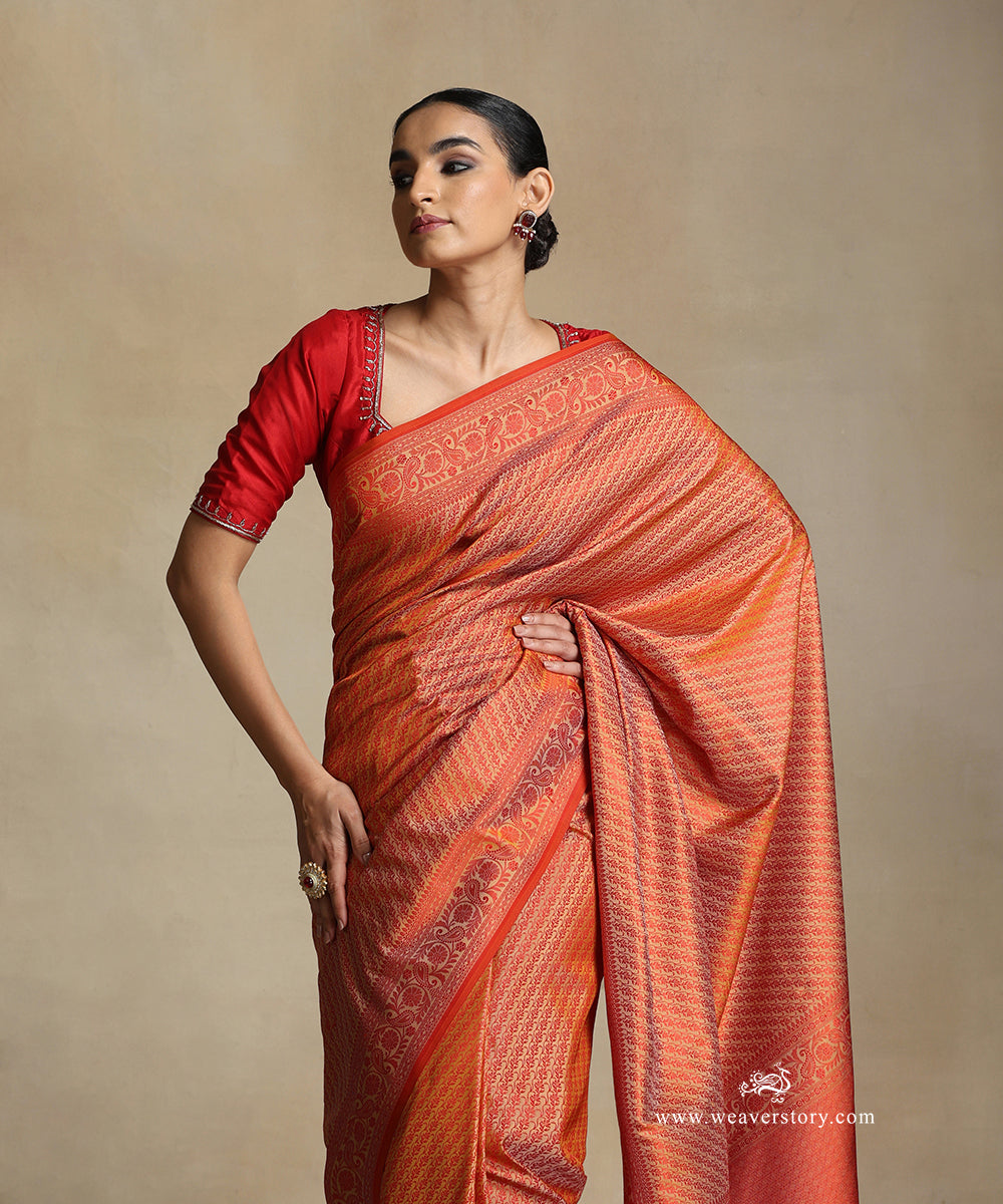 Beige_Handloom_Pure_Katan_Silk_Tanchoi_Banarasi_Saree_With_Red_Small_Leaf_Jaal_And_Ambi_Border_WeaverStory_01