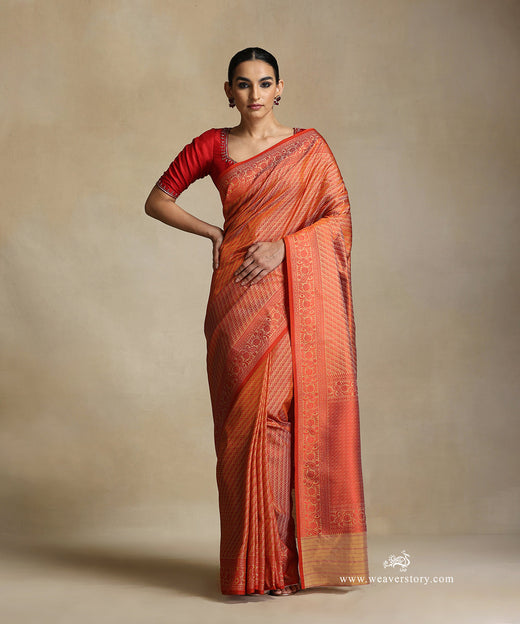 Beige And Red Handloom Pure Katan Silk Tanchoi Banarasi Saree With Ambi Border