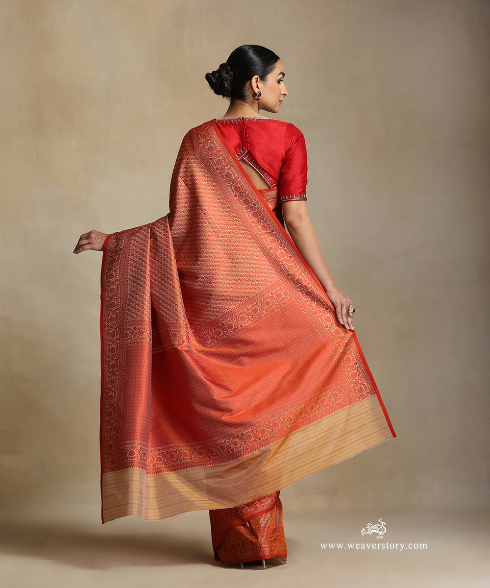 Beige_Handloom_Pure_Katan_Silk_Tanchoi_Banarasi_Saree_With_Red_Small_Leaf_Jaal_And_Ambi_Border_WeaverStory_03