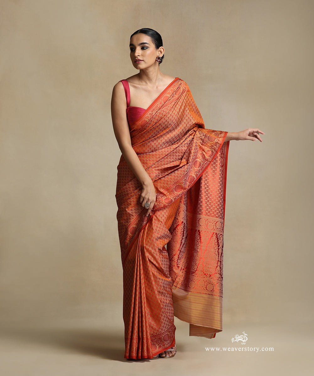 Beige_Handloom_Pure_Katan_Silk_Tanchoi_Banarasi_Saree_With_Red_Small_Flowers_Jaal_And_Sunflower_Border_WeaverStory_02