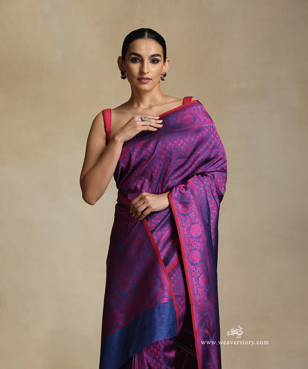 Blue_Handloom_Pure_Katan_Silk_Tanchoi_Banarasi_Saree_With_Magenta_Small_Flowers_Jaal_And_Sunflower_Border_WeaverStory_01