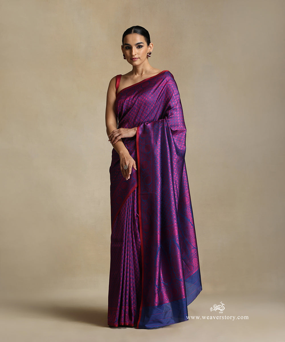 Blue_Handloom_Pure_Katan_Silk_Tanchoi_Banarasi_Saree_With_Magenta_Small_Flowers_Jaal_And_Sunflower_Border_WeaverStory_02