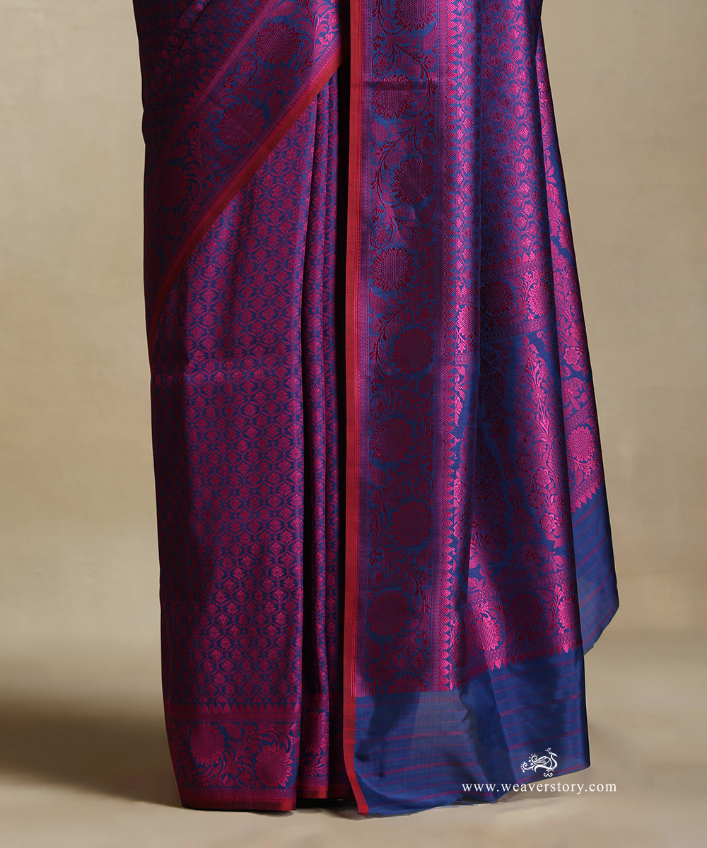 Blue_Handloom_Pure_Katan_Silk_Tanchoi_Banarasi_Saree_With_Magenta_Small_Flowers_Jaal_And_Sunflower_Border_WeaverStory_04