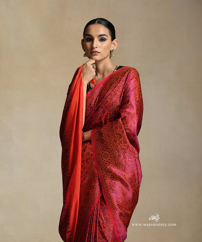 Orange_Handloom_Pure_Katan_Silk_Tanchoi_Banarasi_Saree_With_Purple_Flower_Jaal_And_Pink_Selvedge_WeaverStory_01