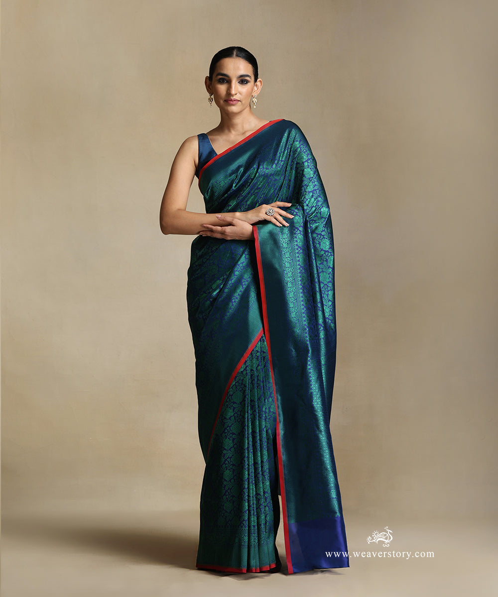 Handloom_Blue_Pure_Katan_Silk_Tanchoi_Banarasi_Saree_With_Green_Flower_Jaal_And_Zigzag_Border_WeaverStory_02