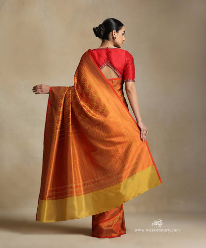 Handloom_Mustard_Pure_Katan_Silk_Tanchoi_Banarasi_Saree_With_Red_Flower_Jaal_And_Zigzag_Border_WeaverStory_03