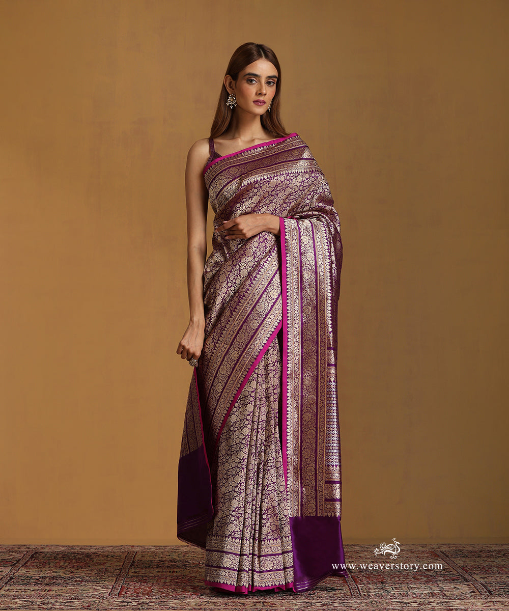 Purple_Handloom_Pure_Katan_Silk_Kimkhab_Banarasi_Saree_With_Aada_Floral_Jaal_And_Pink_Selvedge_WeaverStory_01