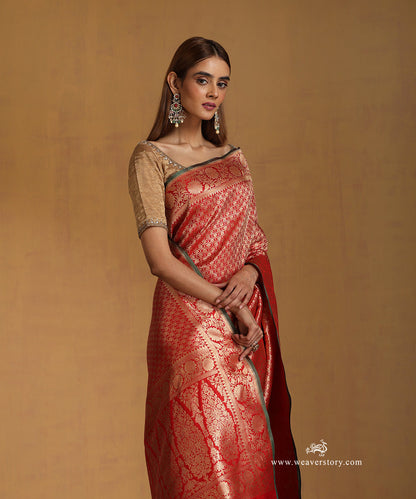 Red_Handloom_Pure_Katan_Silk_Kimkhab_Small_Leaves_Motifs_Saree_With_Green_Selvedge_And_Sunflower_Border_WeaverStory_02