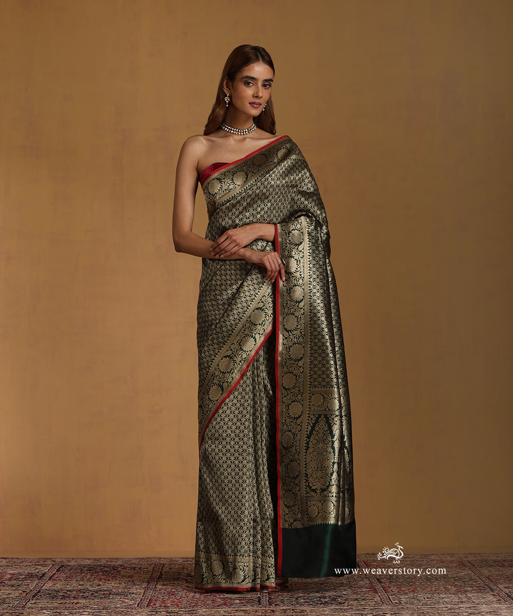 Dark_Green_Handloom_Pure_Katan_Silk_Kimkhab_Banarasi_Saree_With_Small_Leaves_Motifs_And_Red_Selvedge_And_Sunflower_Border_WeaverStory_01