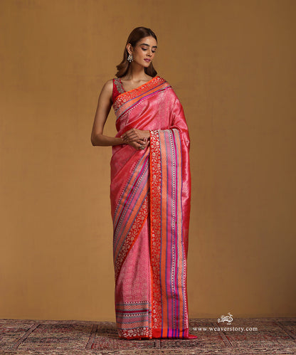 Pink_Handloom_Pure_Katan_Silk_Kimkhab_Banarasi_Saree_With_Multi_Colour_Satin_Border_WeaverStory_01