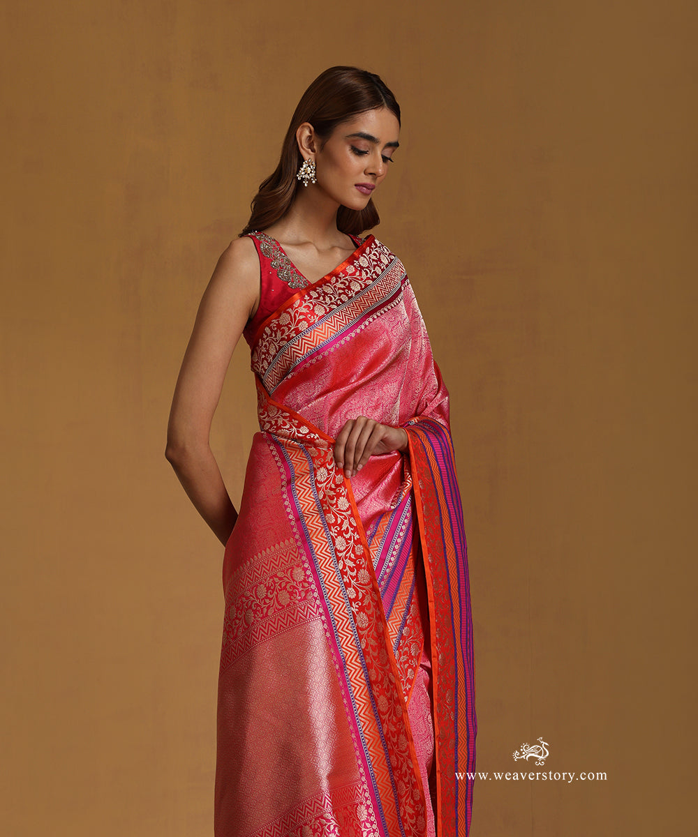 Pink_Handloom_Pure_Katan_Silk_Kimkhab_Banarasi_Saree_With_Multi_Colour_Satin_Border_WeaverStory_02