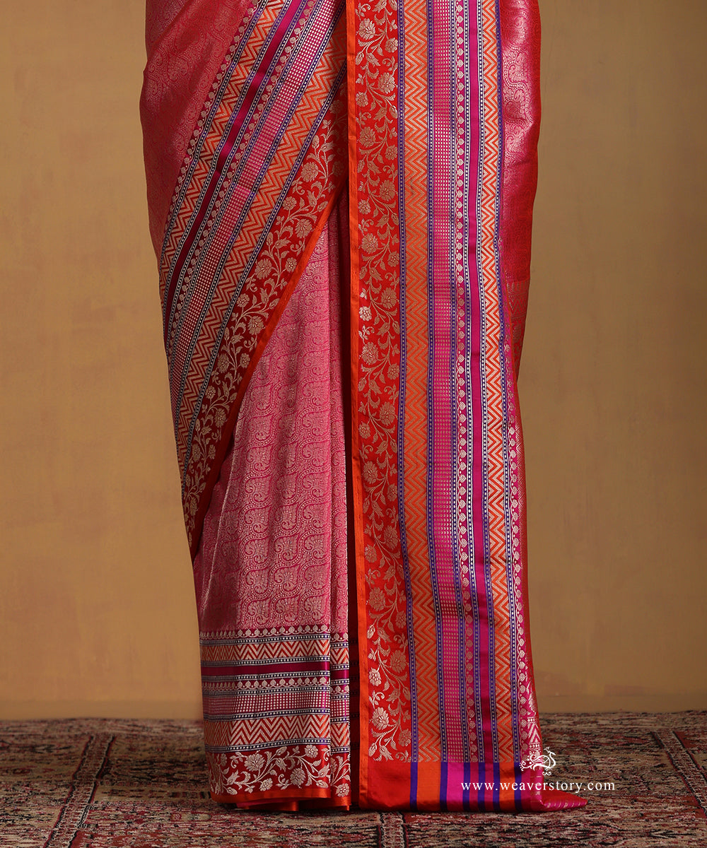 Pink_Handloom_Pure_Katan_Silk_Kimkhab_Banarasi_Saree_With_Multi_Colour_Satin_Border_WeaverStory_04