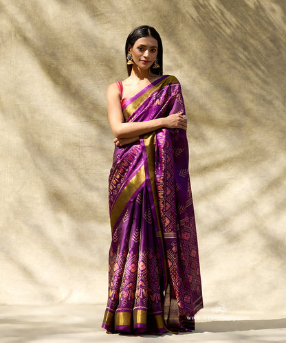 Purple_Handloom_Pure_Mulberry_Silk_Ikat_Patola_Saree_With_Gold_Zari_Border_WeaverStory_01