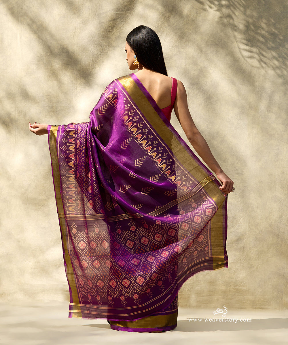 Purple_Handloom_Pure_Mulberry_Silk_Ikat_Patola_Saree_With_Gold_Zari_Border_WeaverStory_03