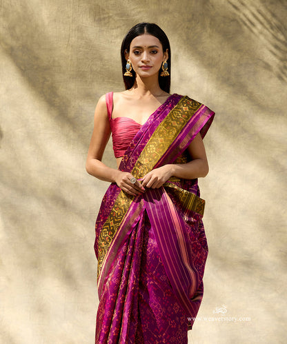 Plum_Handloom_Pure_Mulberry_Silk_Ikat_Patola_Saree_With_Gold_Zari_Border_WeaverStory_02