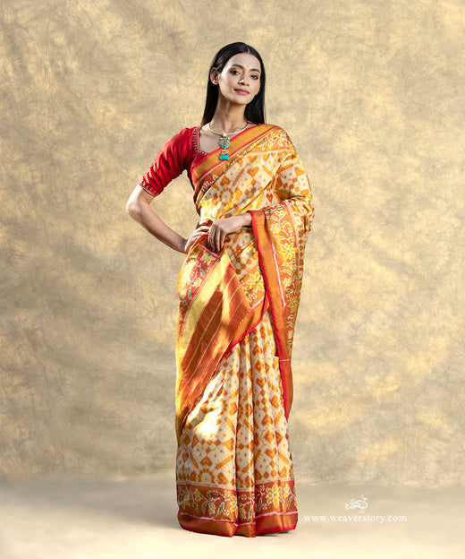 Beige And Red Handloom Pure Mulberry Tissue Silk Ikat Patola Saree