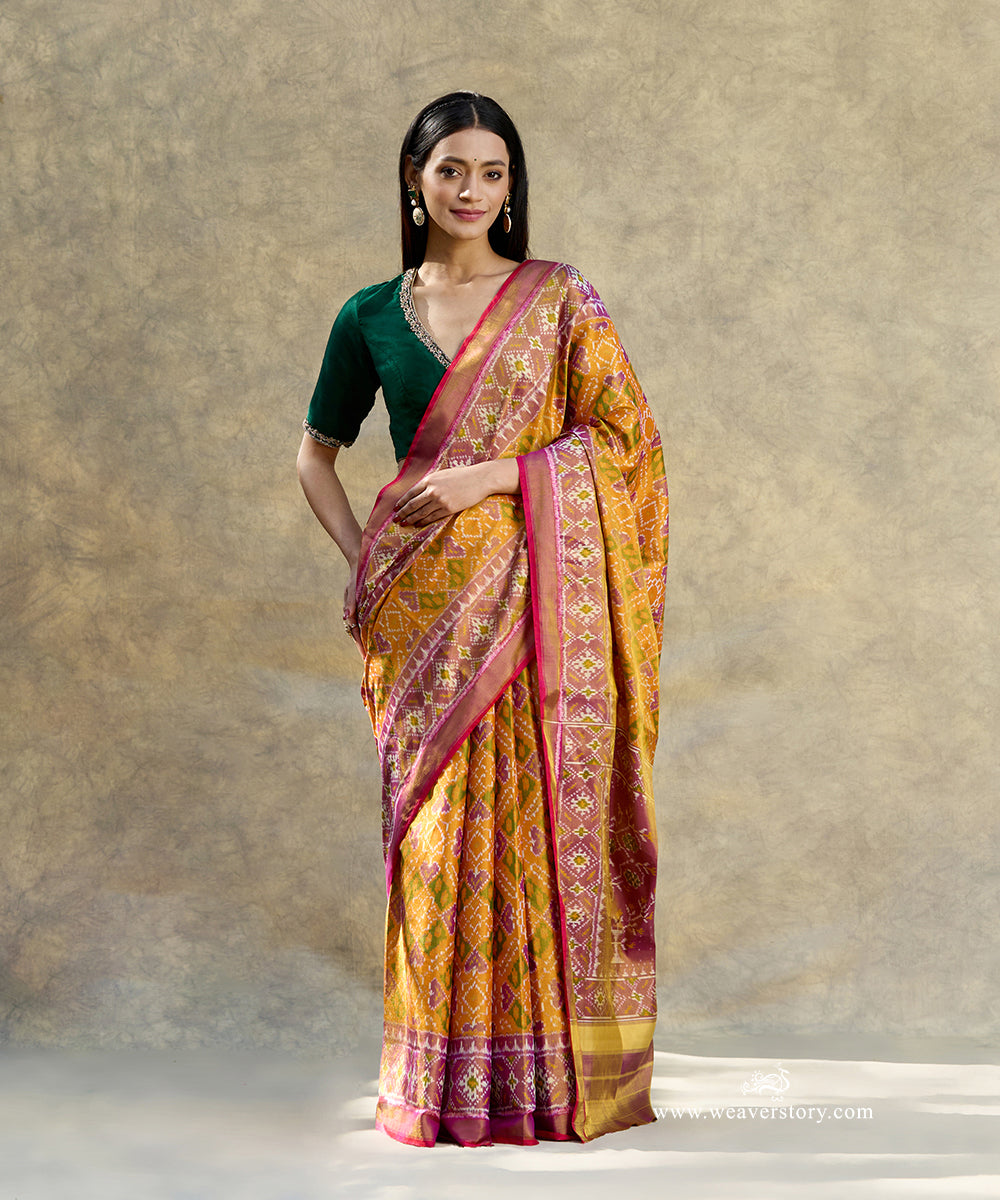 Mustard_And_Purple_Handloom_Pure_Mulberry_Tissue_Silk_Ikat_Patola_Saree_With_Pink_Selvedge_WeaverStory_02