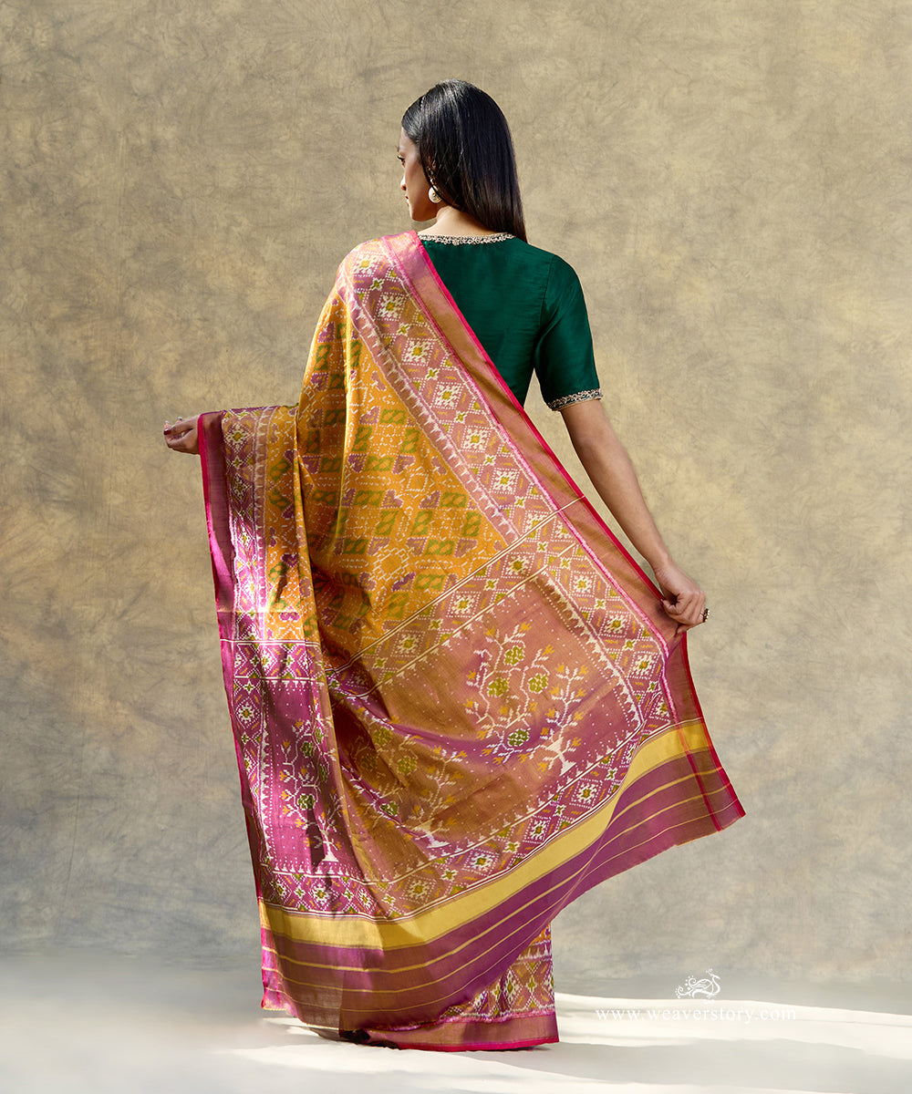 Mustard_And_Purple_Handloom_Pure_Mulberry_Tissue_Silk_Ikat_Patola_Saree_With_Pink_Selvedge_WeaverStory_03