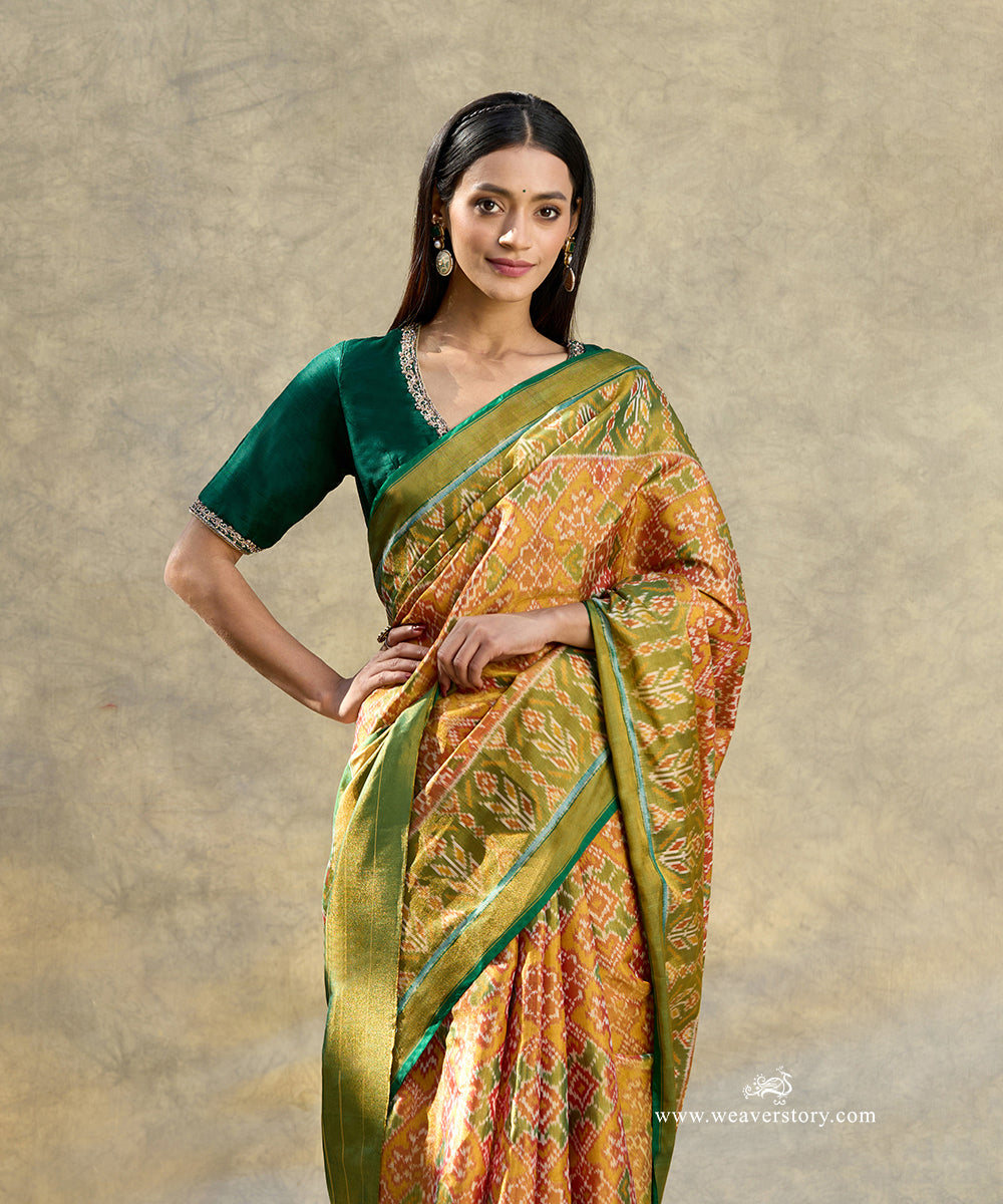 Mustard_And_Green_Handloom_Pure_Mulberry_Tissue_Silk_Ikat_Patola_Saree_WeaverStory_02